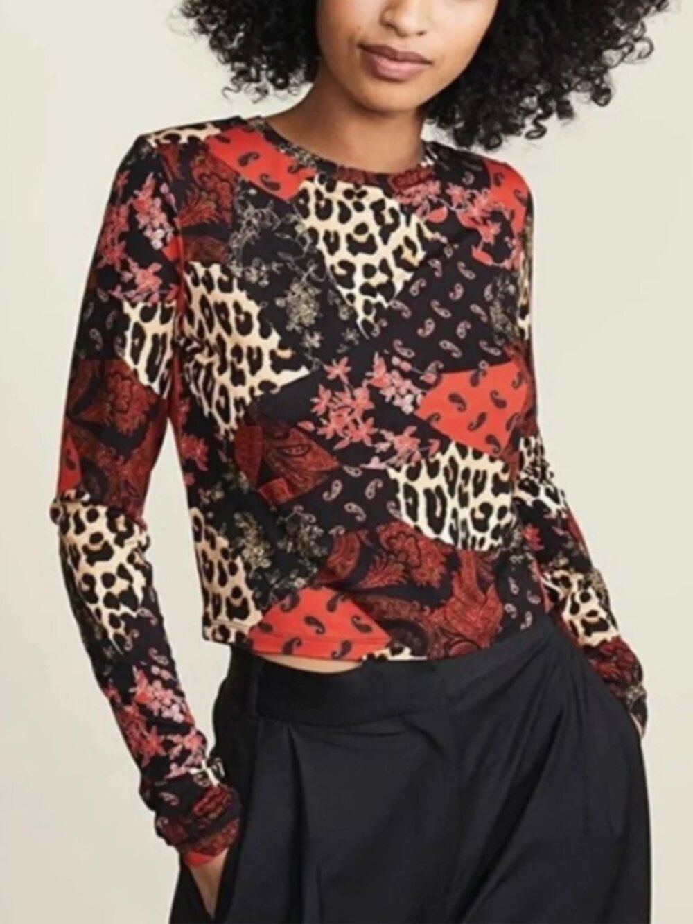 Alice + Olivia Delaina Boho Leopard Long Sleeve Crop Top Size XS